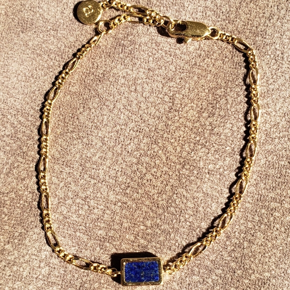 RARE Dainty Gold & Rectangle Blue Lapis Lazuli Chain Bracelet - Picture 3 of 14